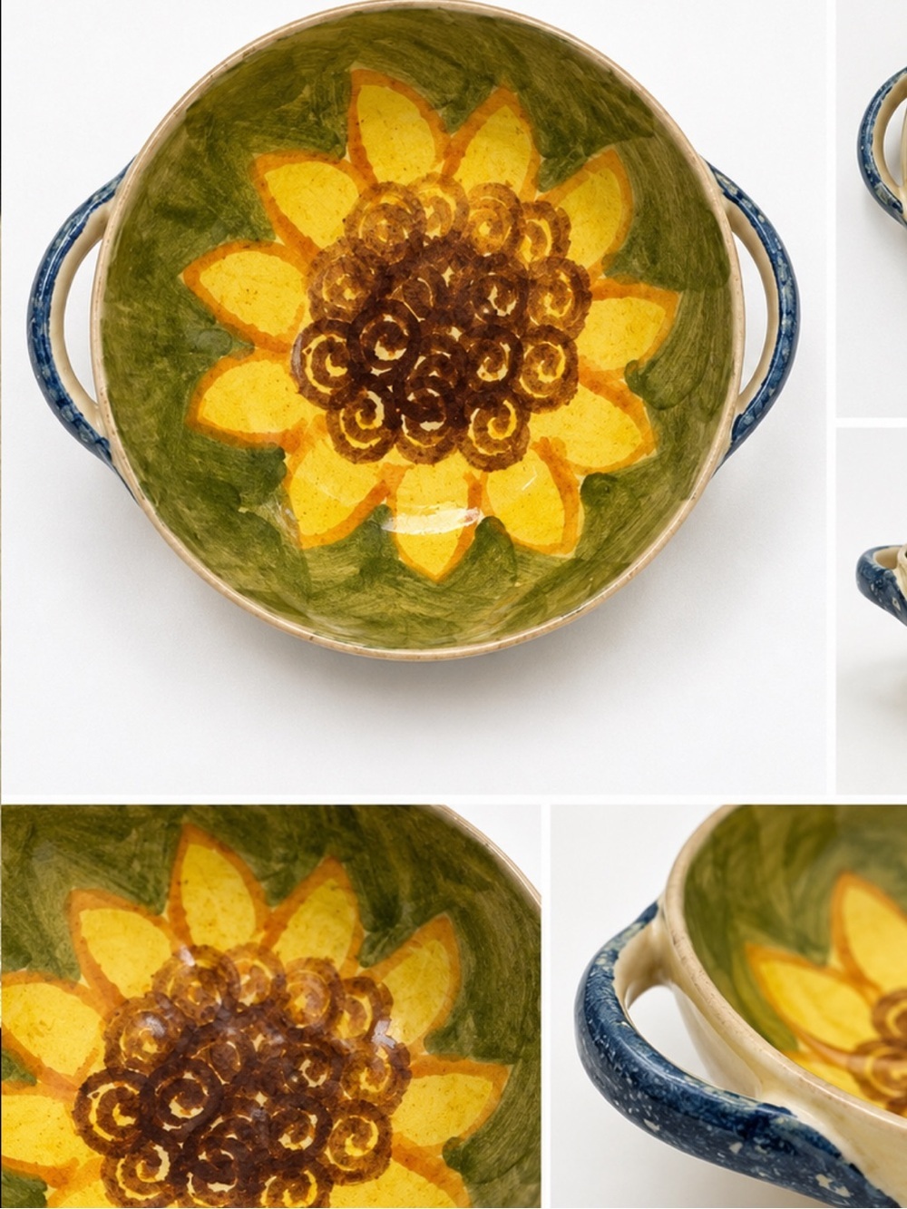 Italian Hand Painted Sunflower Ceramic Bowl Small Serving Dish Floral Handles